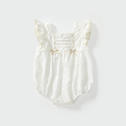 Summer Arrival Baby Girls Fly Sleeves Simple Lace Pattern Onesies-0