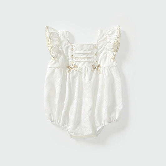 Summer Arrival Baby Girls Fly Sleeves Simple Lace Pattern Onesies-0