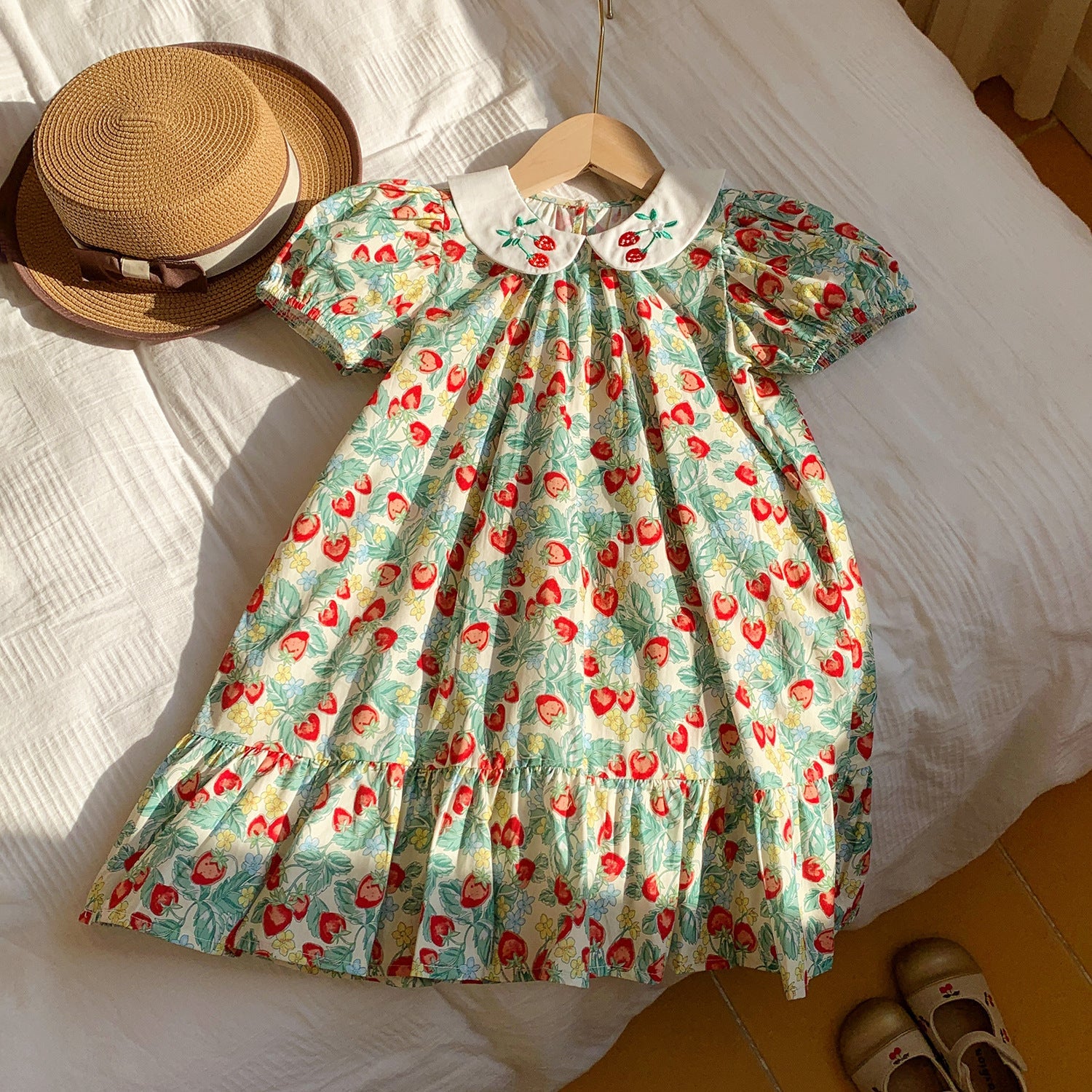 Summer Arrival Baby Kids Girls Cute Short Sleeves Strawberry Pattern Printed Dress-3