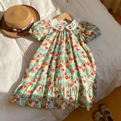 Summer Arrival Baby Kids Girls Cute Short Sleeves Strawberry Pattern Printed Dress-3