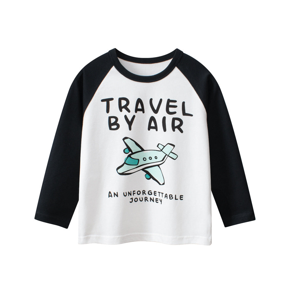 Autumn Baby Kids Boys Letters and Cartoon Print Long Sleeves Crew Neck Color Patchwork Top Shirt-0