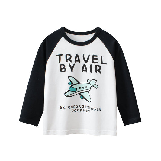 Autumn Baby Kids Boys Letters and Cartoon Print Long Sleeves Crew Neck Color Patchwork Top Shirt-0