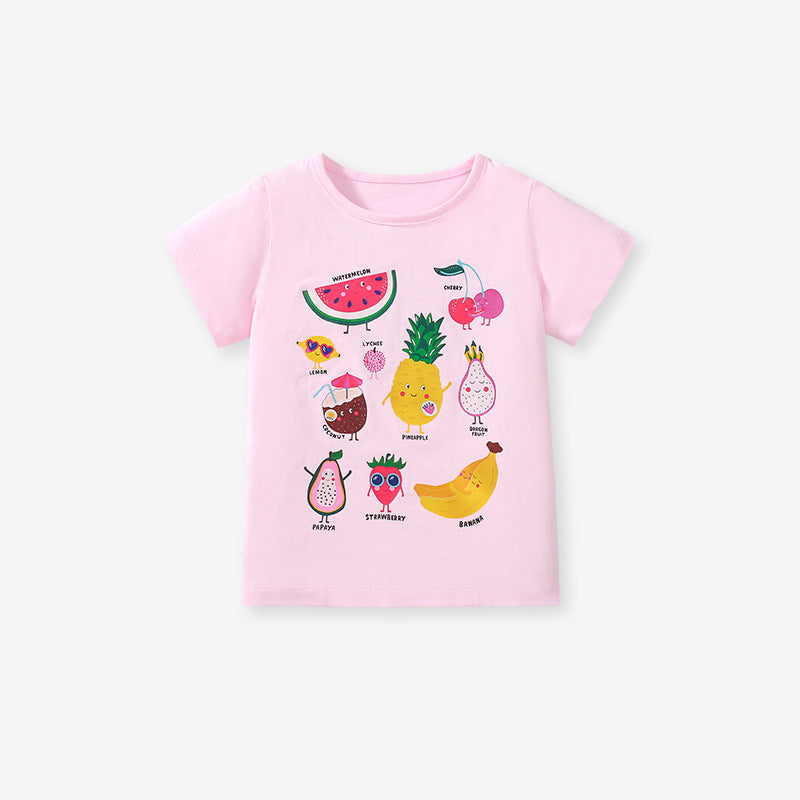 Kids’ Fruits Cartoon Pattern Short Sleeves T-shirt in European and American Style for Summer-0