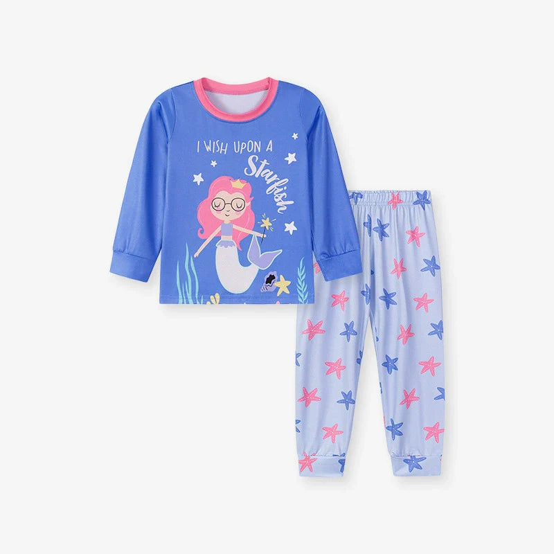 Spring and Autumn Baby Kids Girls Marine Cartoon Pattern Long Sleeves Top and Pants Casual Pajamas Clothing Set-0