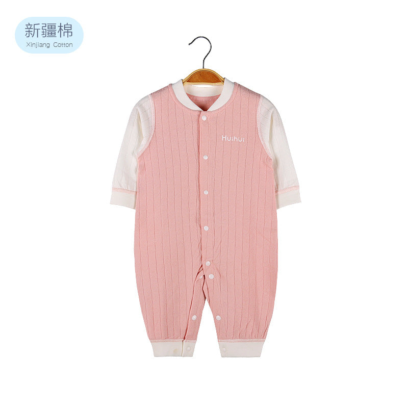 Baby Solid Color Pit Strip Fabric Single Breasted Design Cotton Jumpsuit Pajamas-7