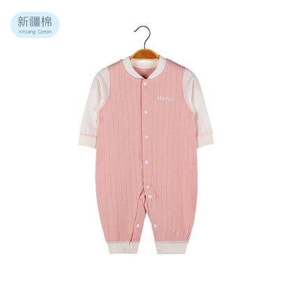 Baby Solid Color Pit Strip Fabric Single Breasted Design Cotton Jumpsuit Pajamas-7