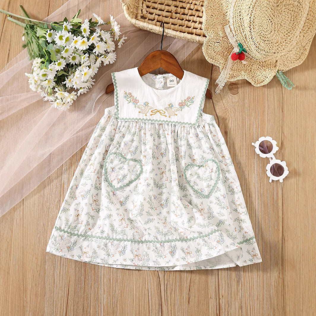 Summer Baby Kids Girls Sleeveless Floral Dress with Embroidery Collar-0