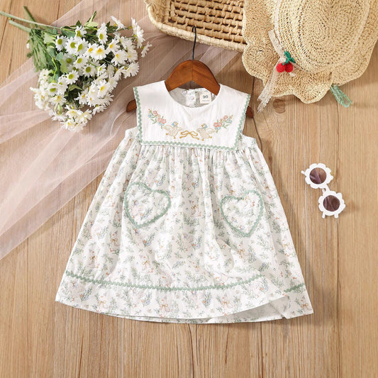 Summer Baby Kids Girls Sleeveless Floral Dress with Embroidery Collar-0
