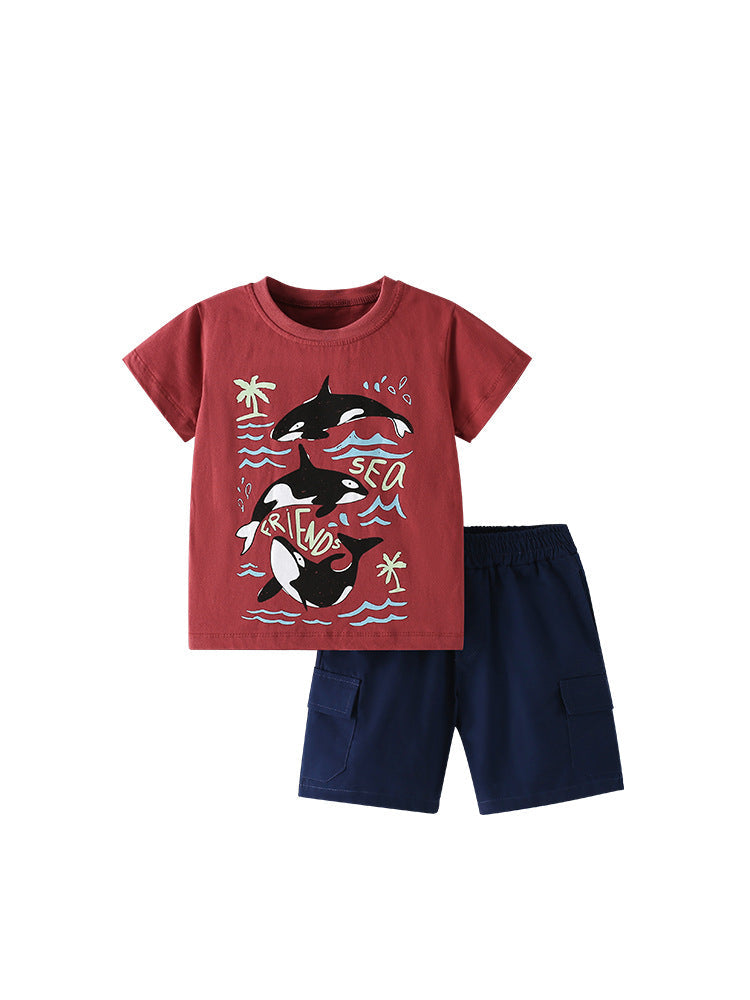 Summer Baby Kids Casual Marine Animals Pattern T-shirt and Shorts Clothing Set for Boys-4