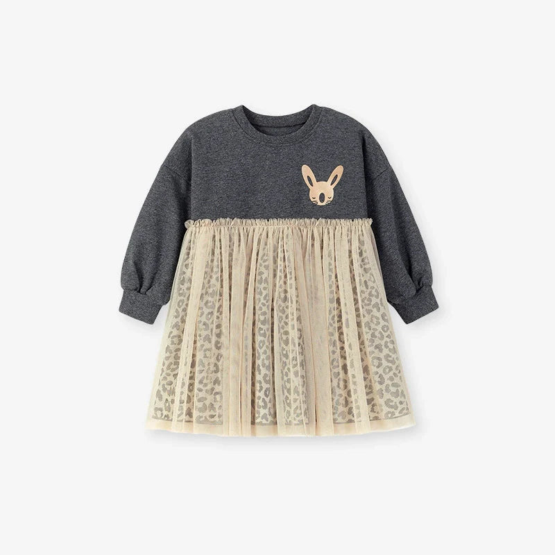 Autumn and Spring Arrival Princess Animals Pattern Long Sleeves Tulle Decorated Dress for Stylish Girls-0