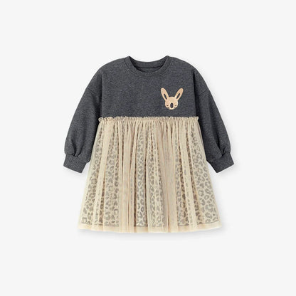 Autumn and Spring Arrival Princess Animals Pattern Long Sleeves Tulle Decorated Dress for Stylish Girls-0