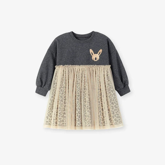 Autumn and Spring Arrival Princess Animals Pattern Long Sleeves Tulle Decorated Dress for Stylish Girls-0