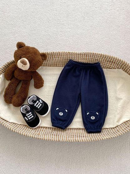 Spring Adorable Baby Kids Unisex Teddy Bear Knitted Waffle Grid Thin Pants-7