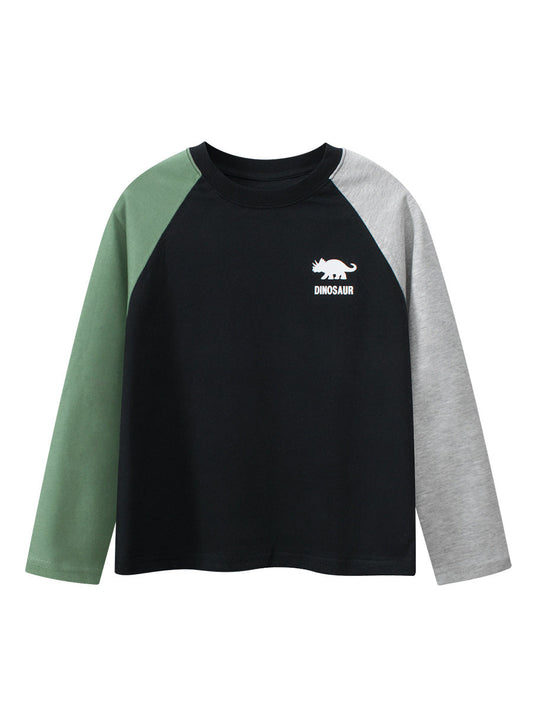 Spring Arrival Kids Dinosaur Logo Crew Neck Long Sleeves Color Patchwork Top-0