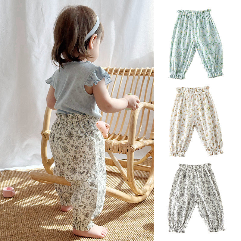 Summer Hot Selling Baby Kids Girls Floral Pattern Thin Breathable Pants – Home Kids Pajamas Trousers-0