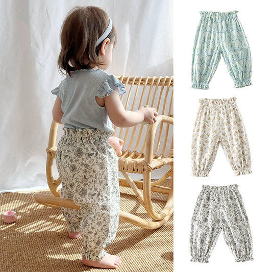 Summer Hot Selling Baby Kids Girls Floral Pattern Thin Breathable Pants – Home Kids Pajamas Trousers-0