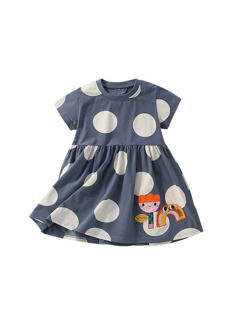 Summer Arrival Flowers Cartoon and Polka Dots Pattern Short Sleeves Dress for Stylish Girls-4