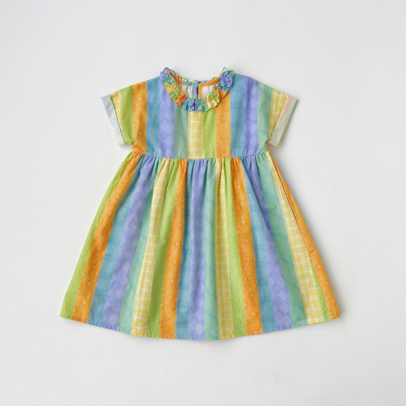 Summer Arrival Baby Kids Girls Short Sleeves Geometric Striped Pattern Dress-0