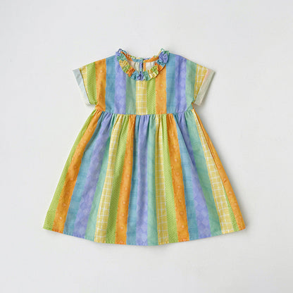 Summer Arrival Baby Kids Girls Short Sleeves Geometric Striped Pattern Dress-0