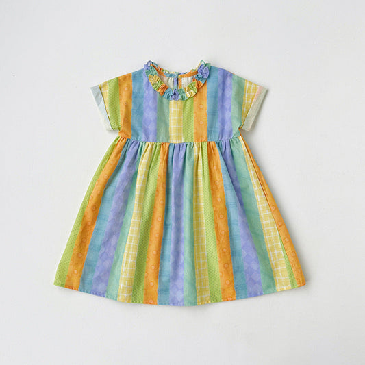 Summer Arrival Baby Kids Girls Short Sleeves Geometric Striped Pattern Dress-0