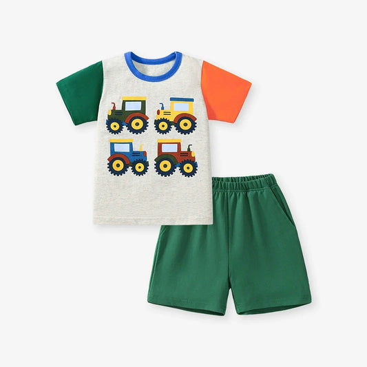 Summer Baby Kids Tractors Cartoon Pattern T-shirt and Green Shorts Clothing Set for Boys-0