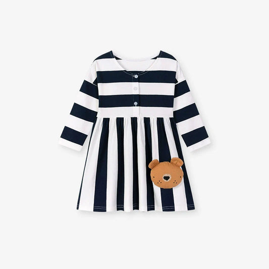 Autumn and Spring Arrival Teddy and Striped Pattern Long Sleeves Dress for Stylish Girls-0