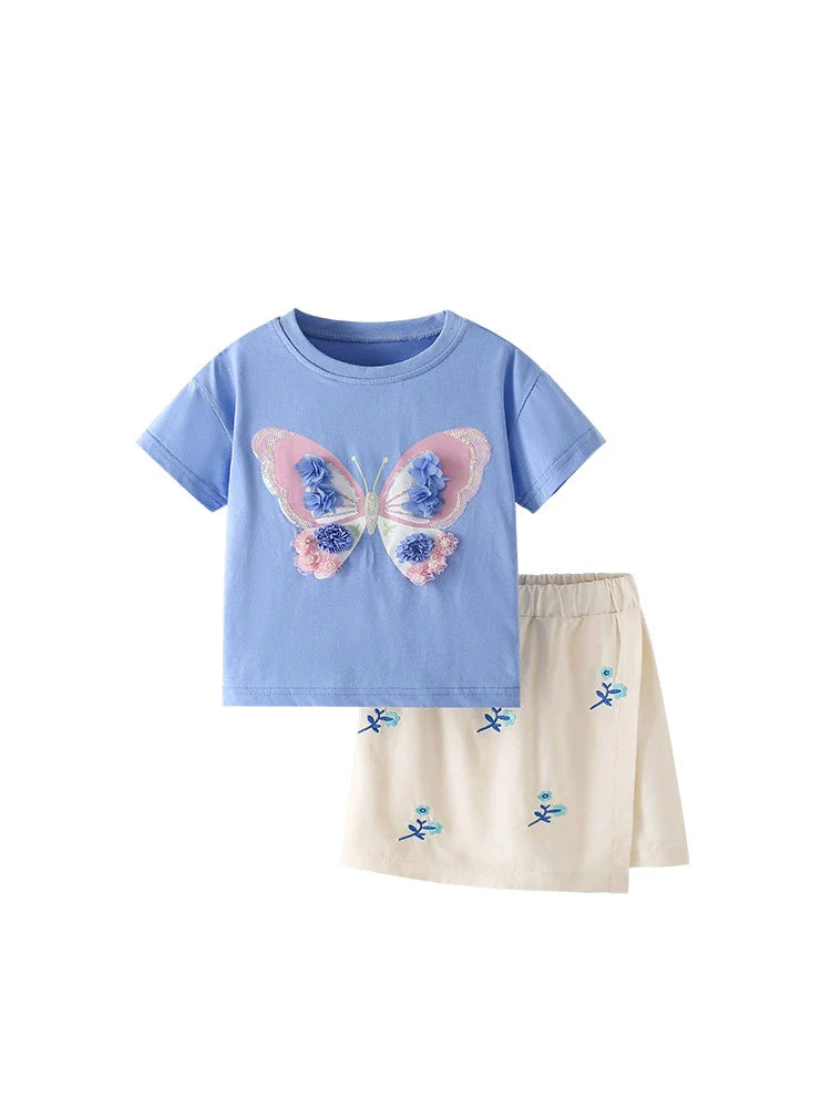 Summer Baby Kids Flowers and Butterfly Pattern T-shirt and Skirt Clothing Set for Girls-4