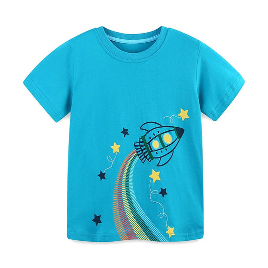 Summer Boys’ Rocket and Stars Cartoon Pattern T-shirt in European and American Style-0