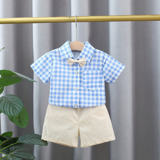 Summer Baby Kids Boys Blue Plaid Pattern Turn-Down Collar Short Sleeves Shirt And Solid Color Shorts English Clothing Set-0