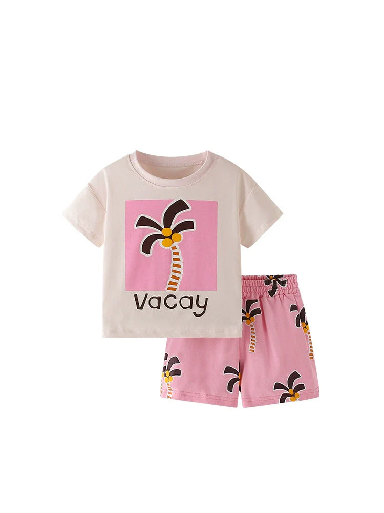 Summer Baby Kids Cartoon Coconut Palm Pattern T-shirt and Pink Shorts Clothing Set for Girls-4