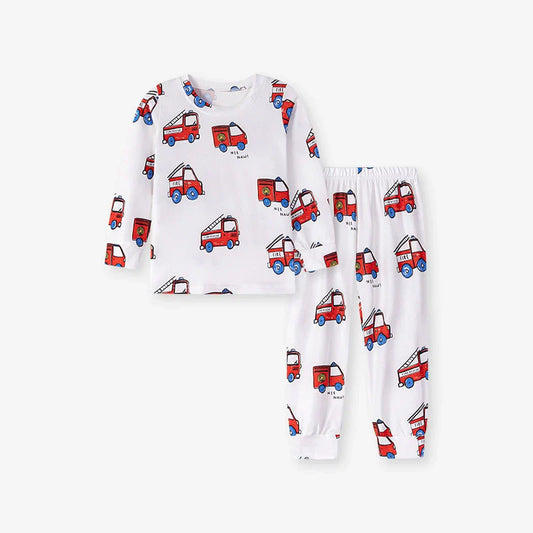 Fire Truck Kids Sleepwear Set – Long Sleeve Shirt and Pants, Cartoon Firefighter Design-0