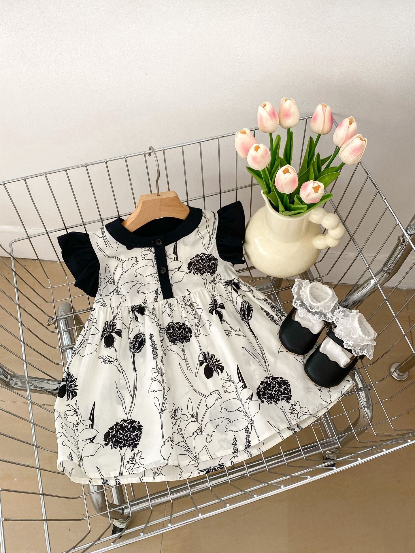 Summer Girls Color Patchwork Floral Pattern Strap Onesies And Fly Sleeves Dress – Princess Sister Matching Set With Shoes-2