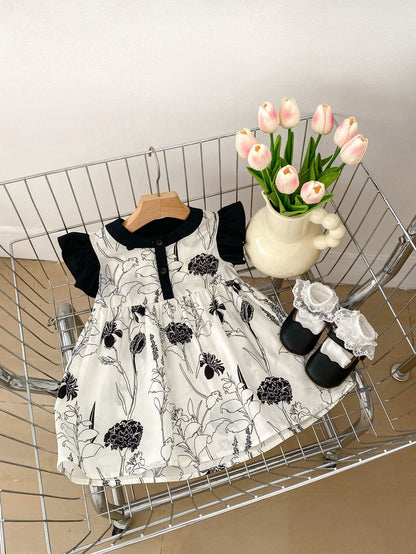 Summer Girls Color Patchwork Floral Pattern Strap Onesies And Fly Sleeves Dress – Princess Sister Matching Set With Shoes-2