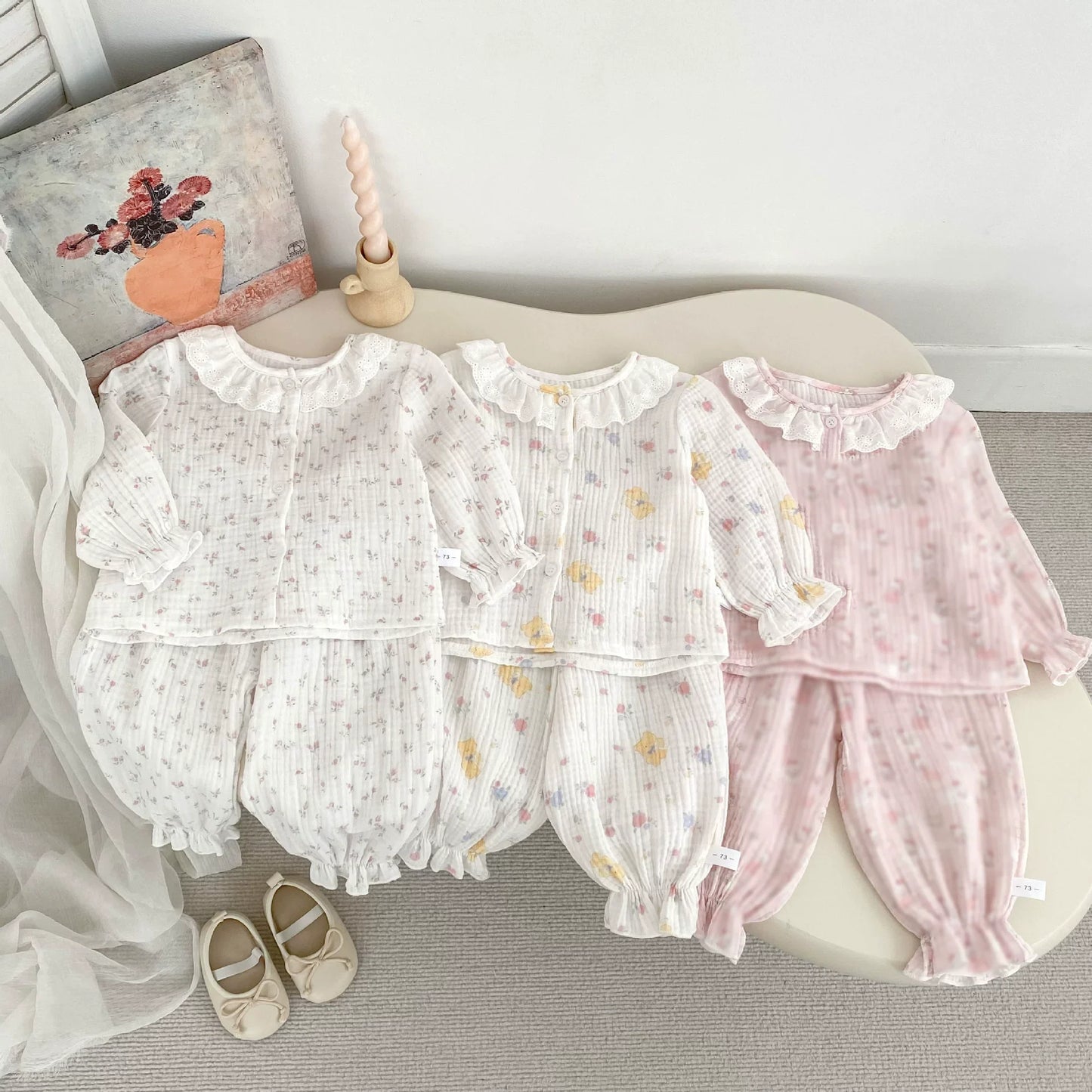 Spring and Autumn Baby Kids Girls Simple Pattern Long Sleeves Top and Pants Pajamas Clothing Set-0