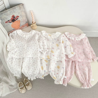 Spring and Autumn Baby Kids Girls Simple Pattern Long Sleeves Top and Pants Pajamas Clothing Set-0
