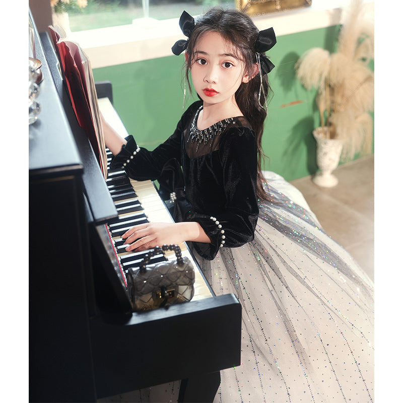 Princess Black Bow Birthday Dress For Girls: Luxurious Long-Sleeved Piano Performance Attire , Perfect For Spring Celebrations-4
