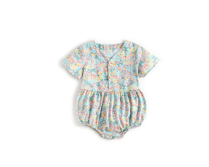 Baby Girls Floral Print V-Neck Buttoned Design Short-Sleeved Onesies-6