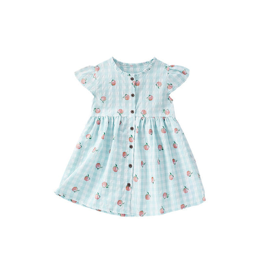 Summer Arrival Fruits Pattern Fly Sleeves Single Breasted Plaid Dress for Stylish Girls-0