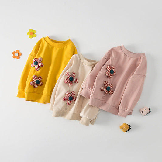 Autumn New Design Kids Girls Crew Neck Long Sleeves 3D Flowers Pattern Attached Top Pullover Shirt-0