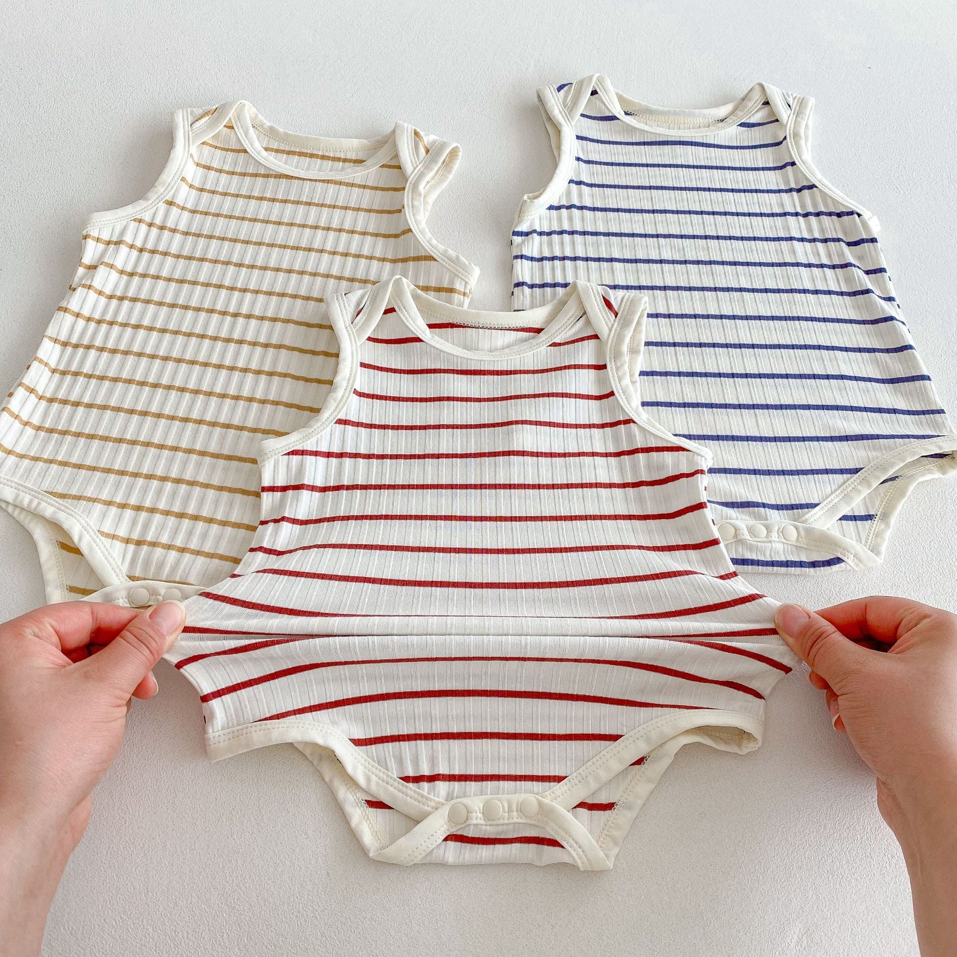 Hot Selling Summer Baby Kids Unisex Striped Pattern Sleeveless Onesies-4