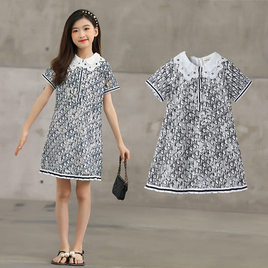 New Design Summer Kids Girls Abstract Letters Print Fashion Short Sleeves Hollow Out Collar Dress-0