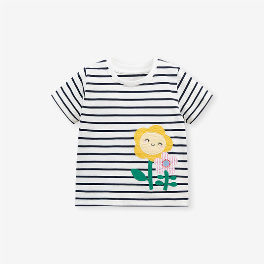 Baby Kids Girls Black Striped Floral Pattern Short Sleeves T-Shirt-0