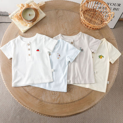 Kids’ Simple Pattern Logo Short Sleeves T-shirt in European and American Style for Summer-0
