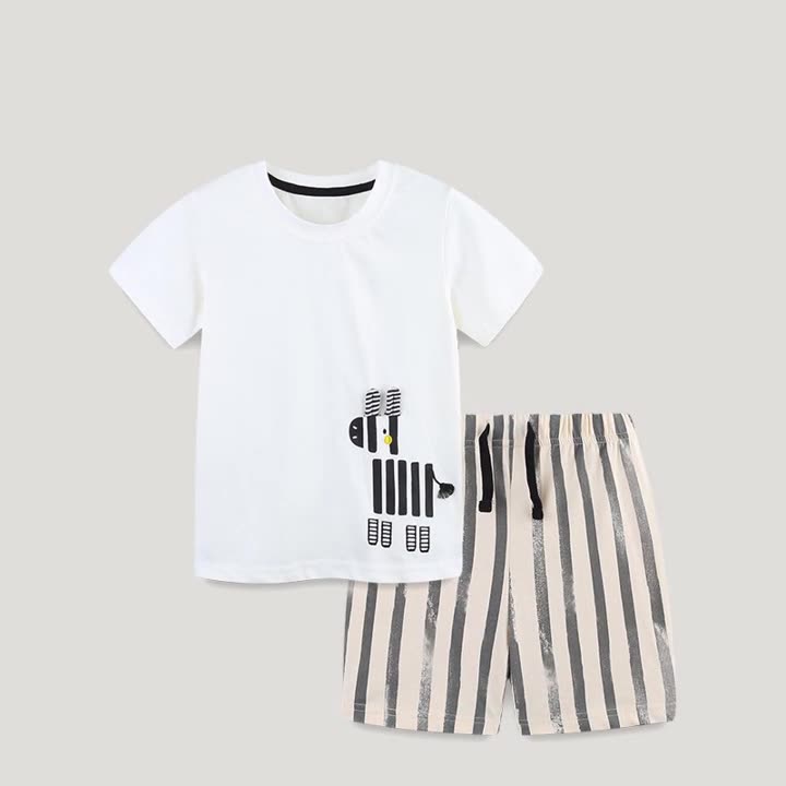 Summer Baby Kids Animals Cartoon Pattern T-shirt and Striped Shorts Clothing Set for Boys-3
