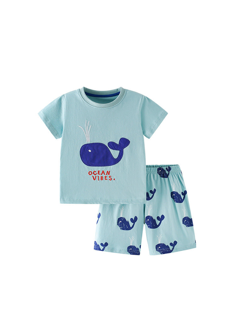Summer Baby Kids Whales Cartoon Pattern T-shirt and Shorts Clothing Set for Boys-4