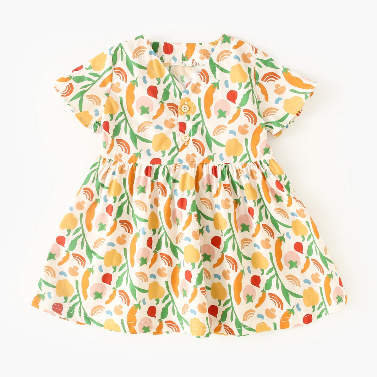 Summer New Arrival Baby Girls Casual Vegetable Print Short Sleeves V Neck Dress-4
