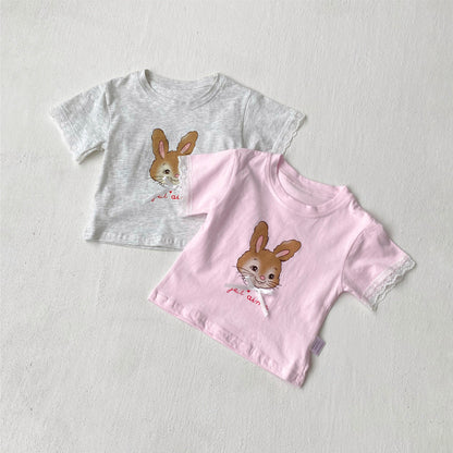 Summer Hot Selling Baby Kids Girls Short Sleeves Cartoon Rabbit Pattern T-shirt-0