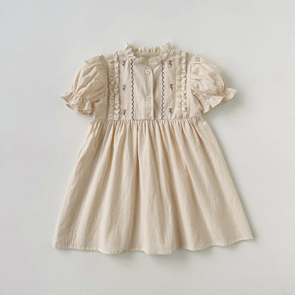Summer Arrival Baby Kids Girls Cute Short Sleeves Flowers Pattern Embroidered Dress-0