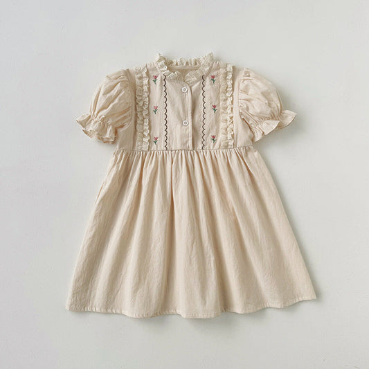 Summer Arrival Baby Kids Girls Cute Short Sleeves Flowers Pattern Embroidered Dress-0