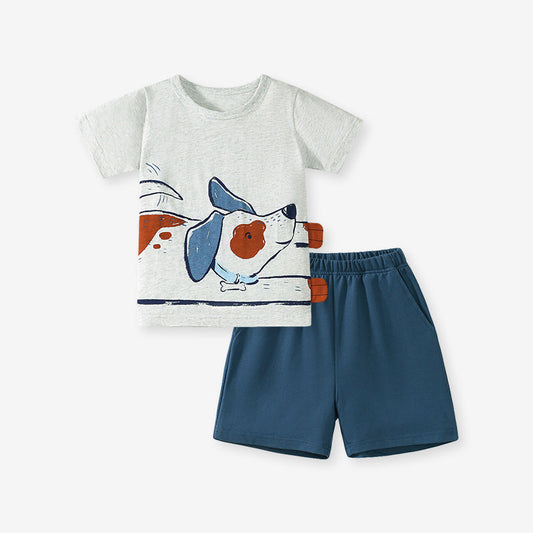 Summer Baby Kids Puppy Cartoon Pattern T-shirt and Shorts Clothing Set-0